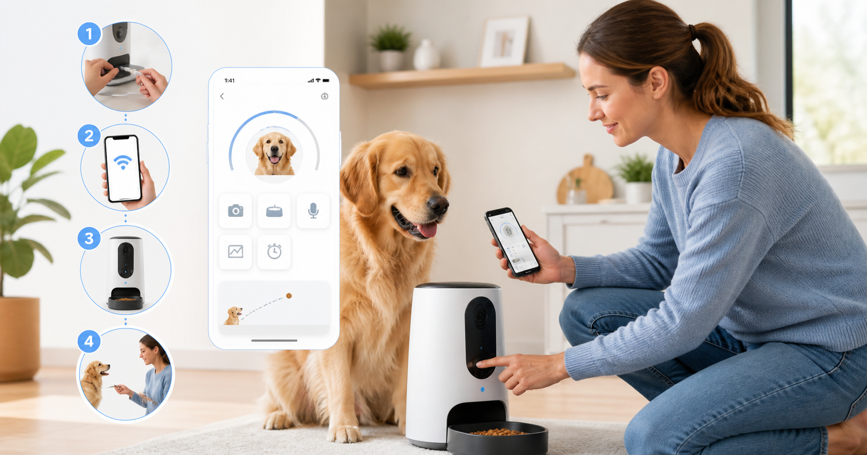 how: Pet owner setting up a smart pet device with a smartphone