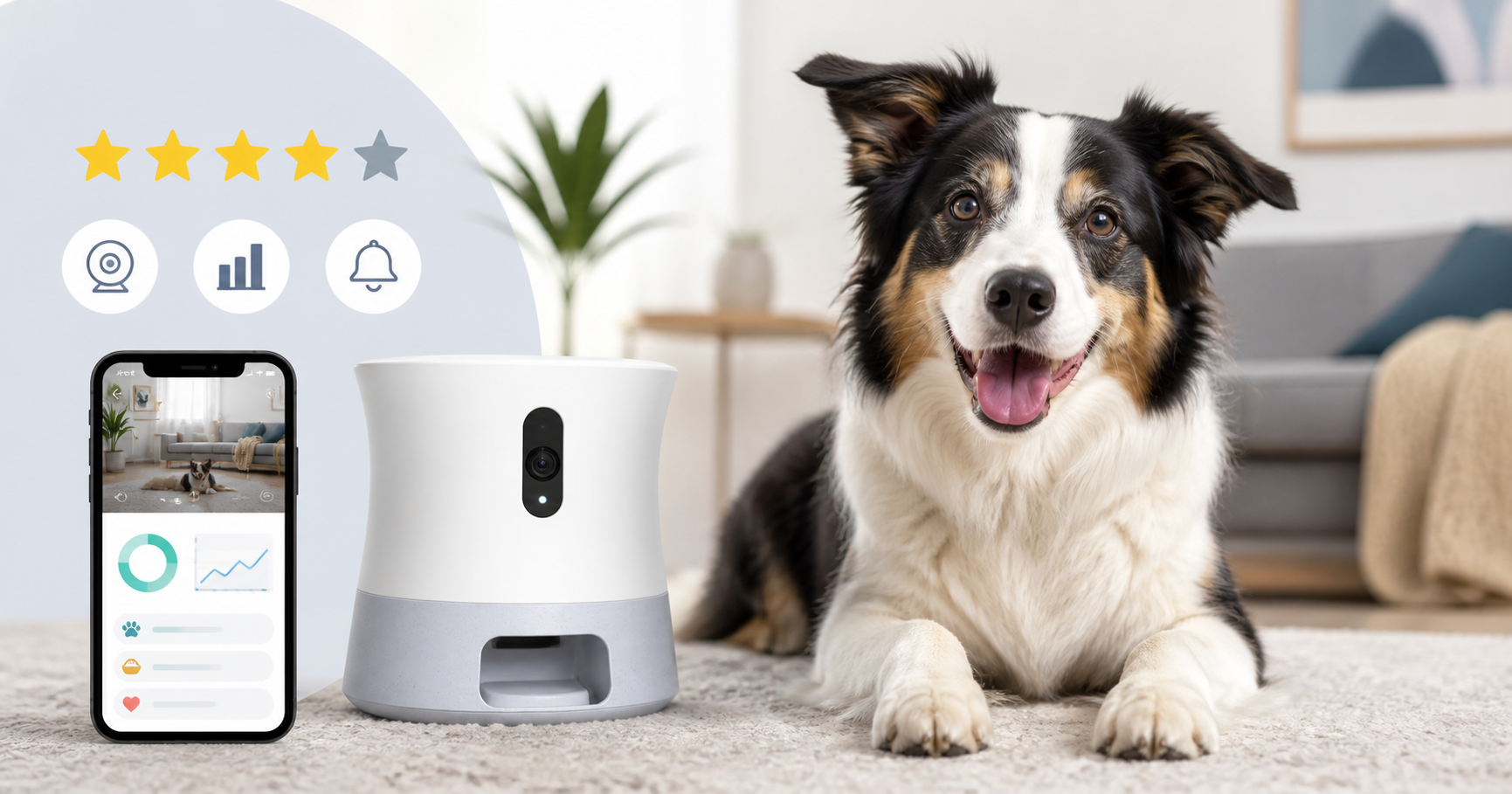 review: Smart pet product review image with dog and pet tech device